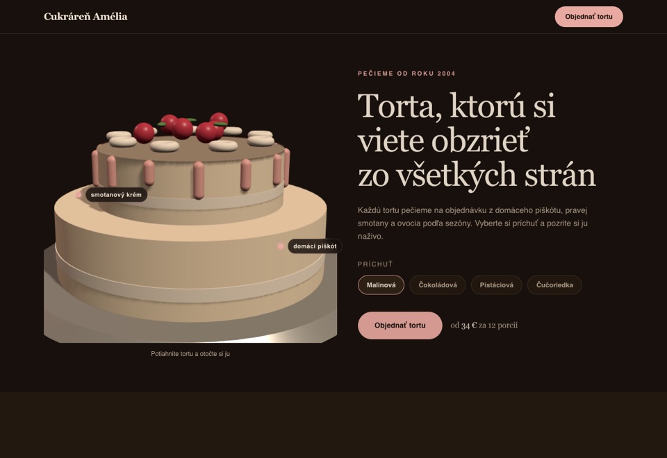 3D produkt, cukráreň s tortou, ktorú si otočíte