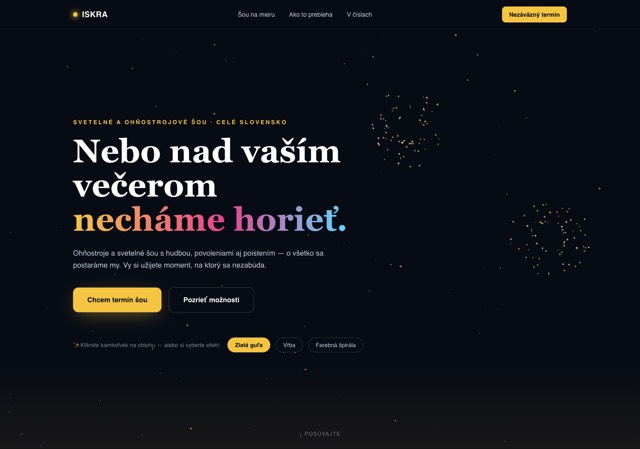 Časticové efekty, interaktívny ohňostroj na nočnej oblohe